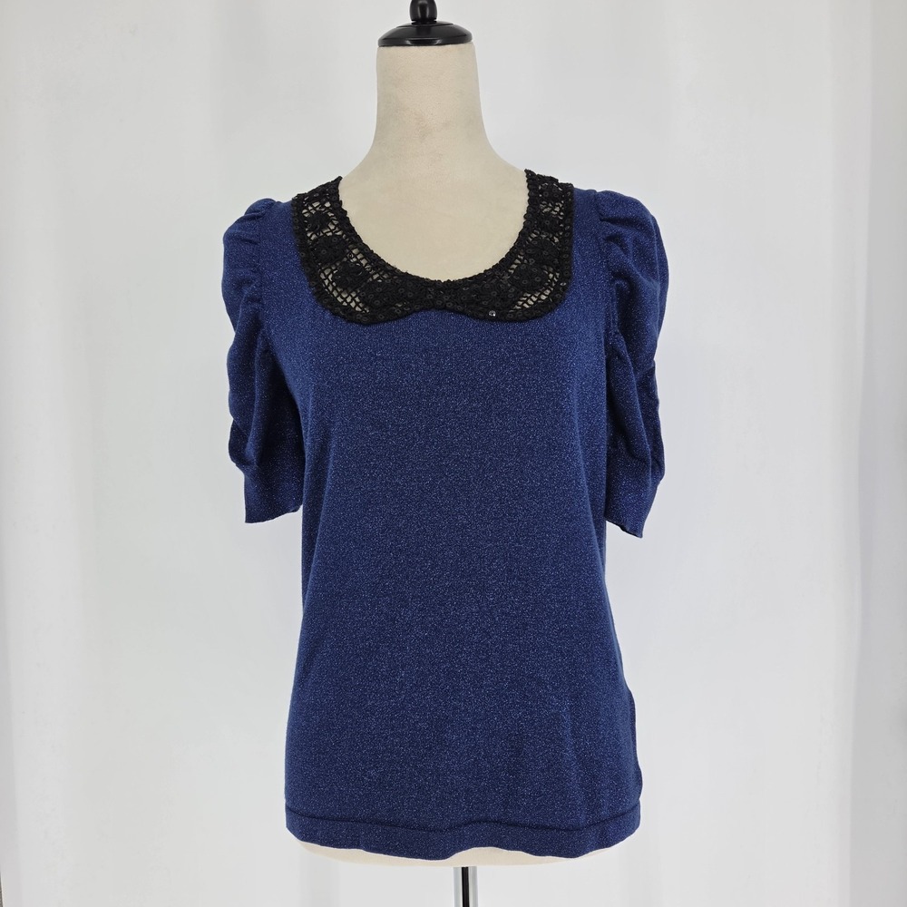 August Silk Crochet Shiny Knit Top Medium Party Festive Feminine Coquette Formal